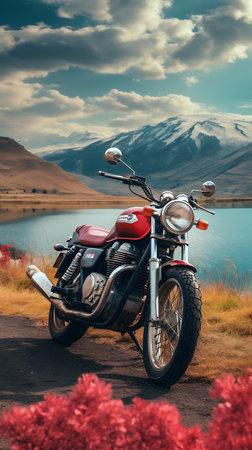 Vintage motorcycle on the background of a lake. Toned.の素材