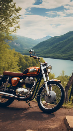 motorcycle in the mountains on a background of a beautiful lakeの素材