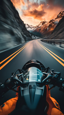 motorcycle on the road in the mountains with a beautiful skyの素材