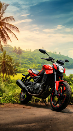 Motorcycle on the road against the background of the tropical landscape.の素材