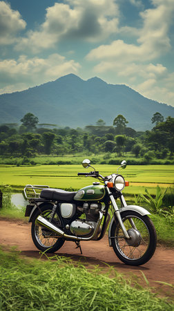Motorcycle parked on the road in the rice field with mountain backgroundの素材