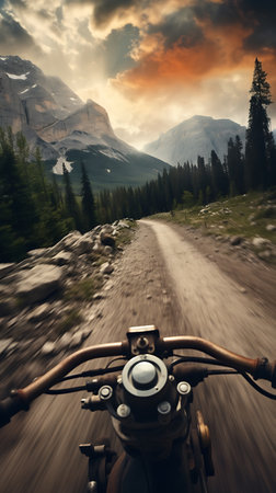 Motorcycle on the road in the Canadian Rockies. The concept of active and extreme tourismの素材