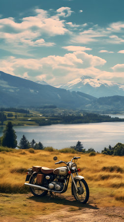 Vintage motorcycle in the mountains with lake and mountains in the backgroundの素材