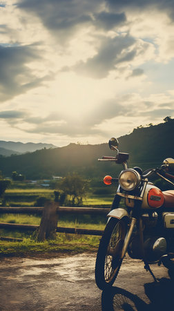 Motorcycle parked on the road in the countryside with beautiful sunset.の素材