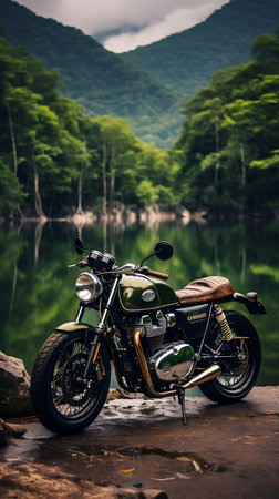 Vintage motorcycle on the background of a mountain lake in the forestの素材