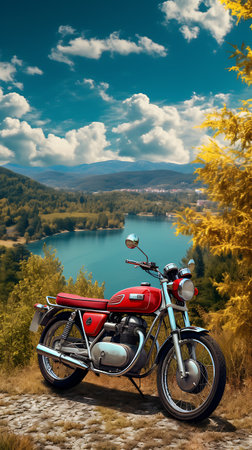 Motorcycle on the background of mountains and lake. Travel and tourism concept.の素材