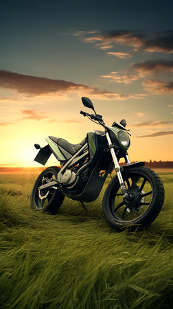 Motorcycle on green grass field at sunset time. 3d renderingの素材