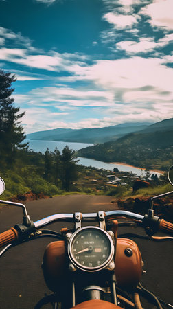 Vintage motorbike on the road with beautiful view of the lake.の素材