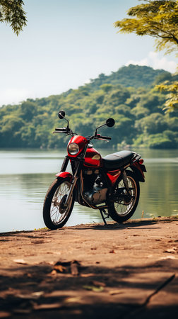 Motorcycle parked on the road with beautiful view of the lake.の素材