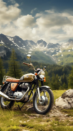 Motorcycle in the mountains. Beautiful landscape with a motorbike.の素材