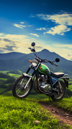 Motorcycle on the road in the mountains with blue sky background.の素材