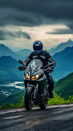 motorcycle rider on the road in the mountains on a cloudy dayの素材