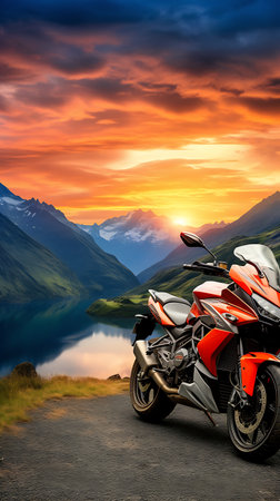 Motorcycle on the road in the mountains against the backdrop of a beautiful sunsetの素材