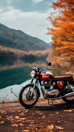 Motorcycle on the shore of a lake in the mountains. Autumn season.の素材