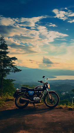 motorcycle on the top of the mountain with beautiful sunset backgroundの素材