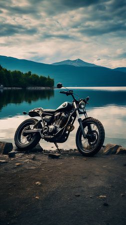 Motorcycle on the shore of a lake in the mountains. Toned.の素材