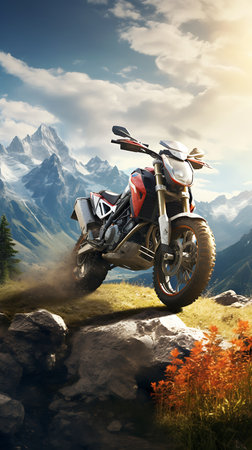 Motorcycle rider on the road in the mountains. 3d renderingの素材