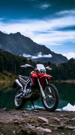 Motorcycle on the edge of a mountain lake in the mountains.の素材