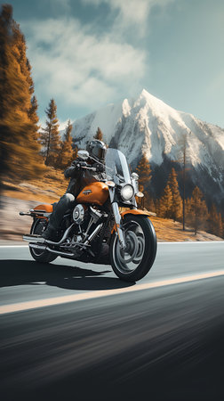 Beautiful view of a mountain lake with a motorcycle in the foregroundの素材