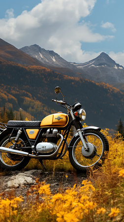 motorcycle on the background of the autumn forest and high mountainsの素材