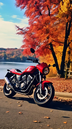 Beautiful view of a mountain lake with a motorcycle in the foregroundの素材