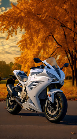 Motorcycle on the road in the autumn park. Sports bike.の素材