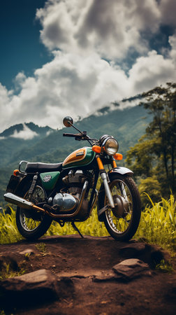 Beautiful view of a mountain lake with a motorcycle in the foregroundの素材