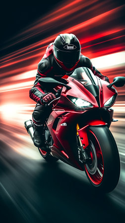 motorcycle rider riding fast on fast road with motion blur backgroundの素材