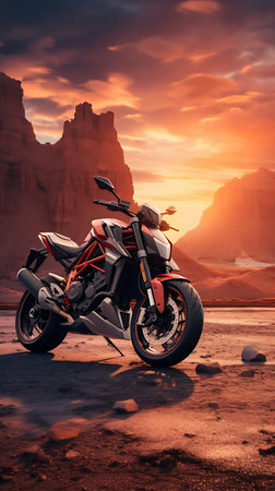 Beautiful view of a mountain lake with a motorcycle in the foregroundの素材