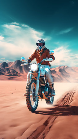 Beautiful view of a mountain lake with a motorcycle in the foregroundの素材