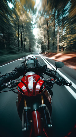 Beautiful view of a mountain lake with a motorcycle in the foregroundの素材