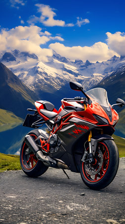 Beautiful view of a mountain lake with a motorcycle in the foregroundの素材