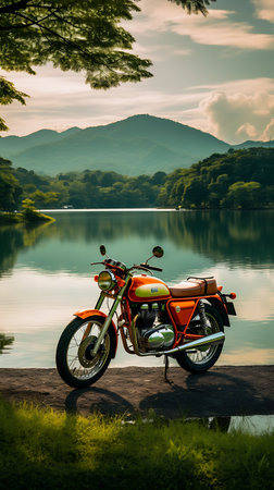 Beautiful view of a mountain lake with a motorcycle in the foregroundの素材