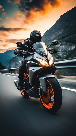 Beautiful view of a mountain lake with a motorcycle in the foregroundの素材