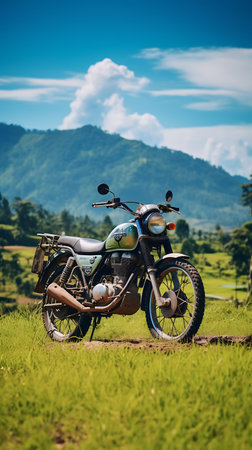 Beautiful view of a mountain lake with a motorcycle in the foregroundの素材