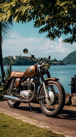 Beautiful view of a mountain lake with a motorcycle in the foregroundの素材