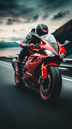 Beautiful view of a mountain lake with a motorcycle in the foregroundの素材