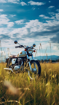 Beautiful view of a mountain lake with a motorcycle in the foregroundの素材