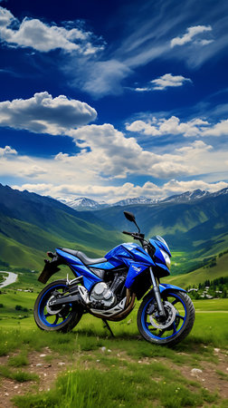 Beautiful view of a mountain lake with a motorcycle in the foregroundの素材