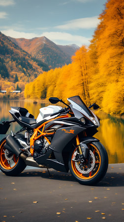 Beautiful view of a mountain lake with a motorcycle in the foregroundの素材