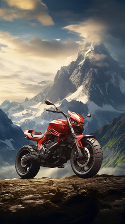 3d rendering of a red sport motorcycle on the rocks in the mountainsの素材