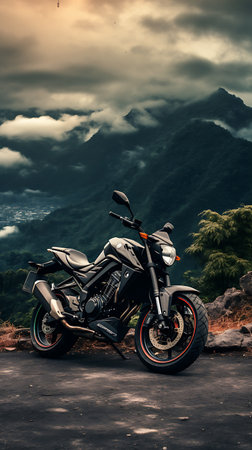 Beautiful view of a mountain lake with a motorcycle in the foregroundの素材