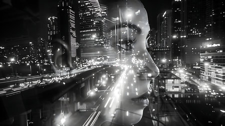 Double exposure of futuristic woman face and city at night. Mixed mediaの素材