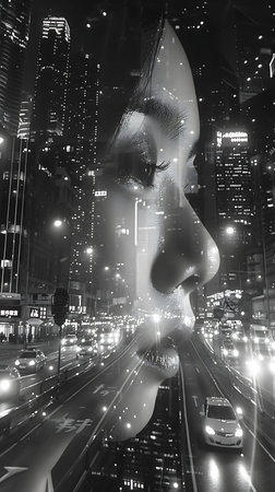 Double exposure of woman face and traffic in Hong Kong city at nightの素材