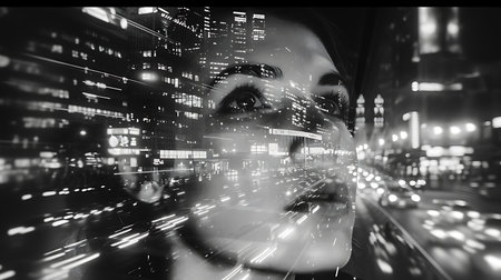 Double exposure of a young woman looking at the camera and city lightsの素材