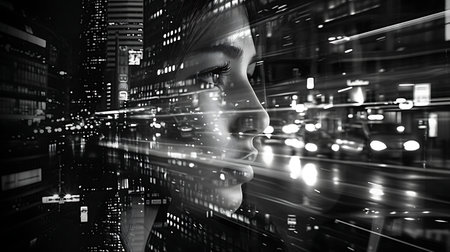 Double exposure of cyber woman face and cityscape. 3D renderingの素材