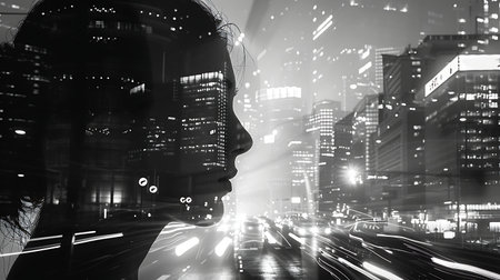 Double exposure of human head and modern cityscape at night as conceptの素材