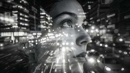 Double exposure of woman face and city at night. 3D renderingの素材