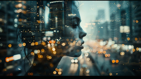 Double exposure of woman face and city background. Double exposure concept.の素材