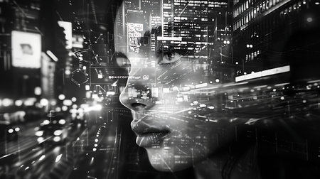 Double exposure of businesswoman and cityscape at night. Mixed mediaの素材